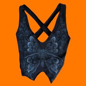 00's vintage glittery beaded butterfly open back y2k tank top SMALL Kona